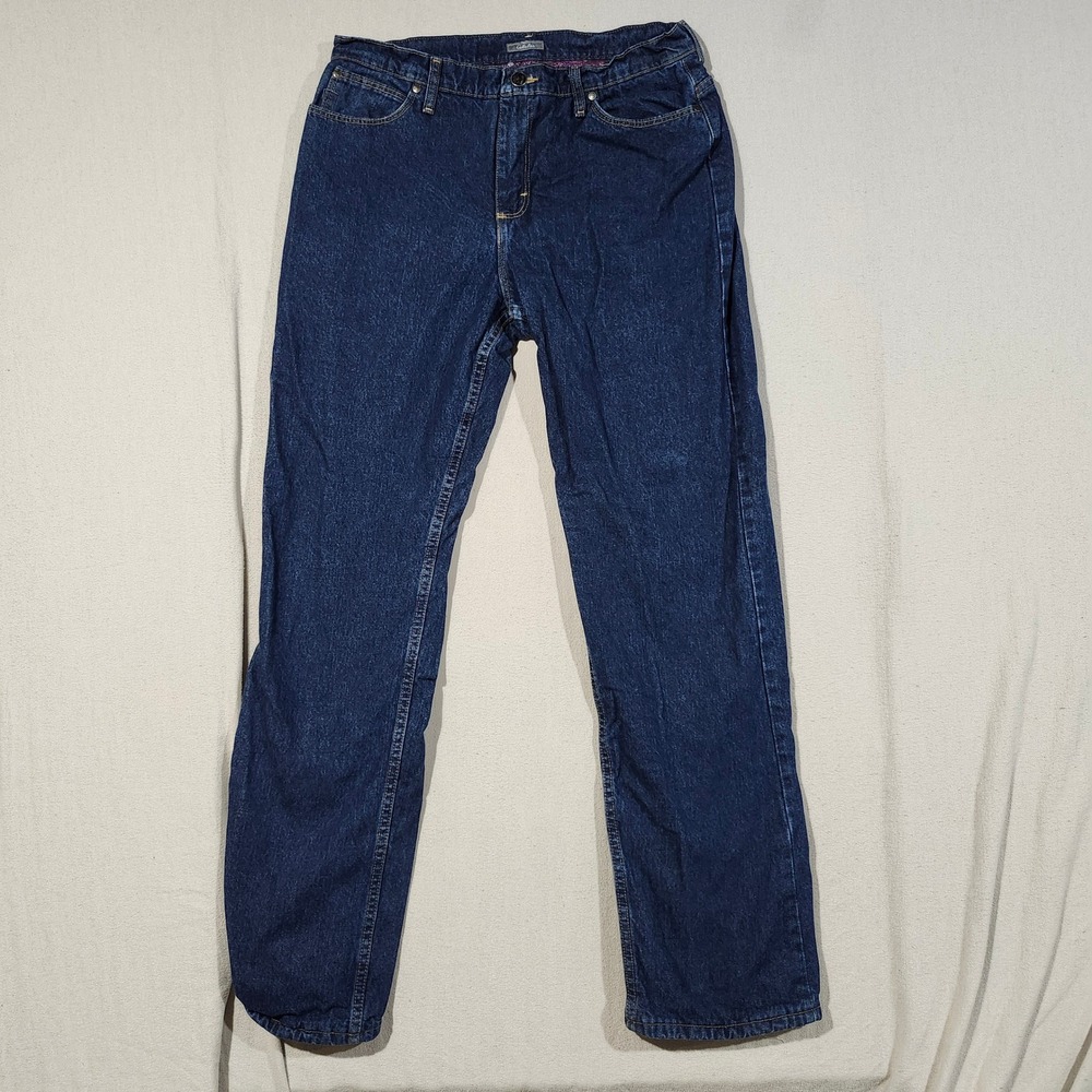Cabelas Vtg Flannel Lined Jeans Dark Wash Straight Leg Women 12 Long Made in USA